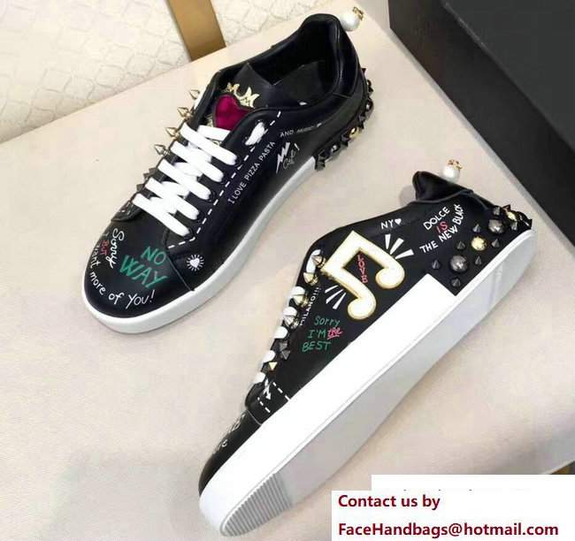 Dolce & Gabbana Leather Sneakers Printed And Applique Black 2017